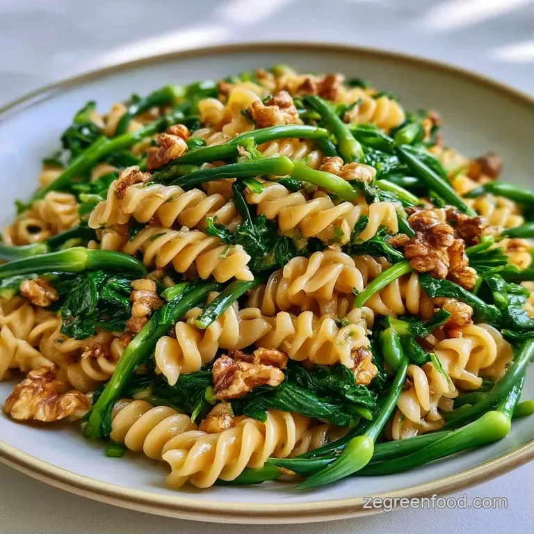 Twirled pasta nest topped with bright green garlic scapes and a sprinkle of snowy parmesan on a white ceramic plate.