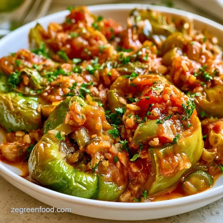 Three vibrant green bell peppers filled with savory rice, arranged on a slate platter with a sprig of fresh parsley.
