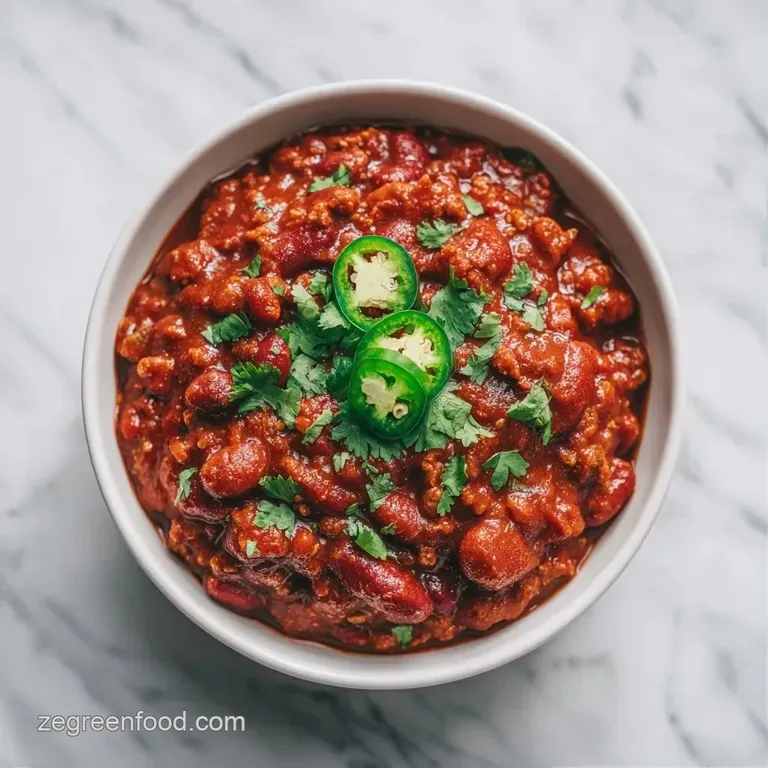 A ceramic bowl of thick red stew topped with a scoop of creamy avocado and a sprinkle of fresh green cilantro.