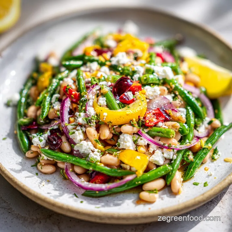 Bright and colorful bean salad artfully arranged on a white plate, showcasing the variety of beans and fresh herbs.