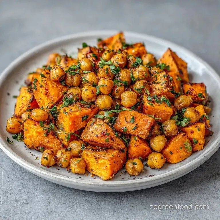 Colorful array of roasted vegetables and legumes arranged in a ceramic bowl with a creamy tahini drizzle.