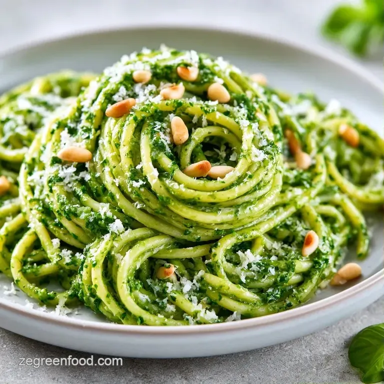 Twirled nests of pasta drenched in a glossy green sauce, topped with toasted pine nuts on a white ceramic plate.