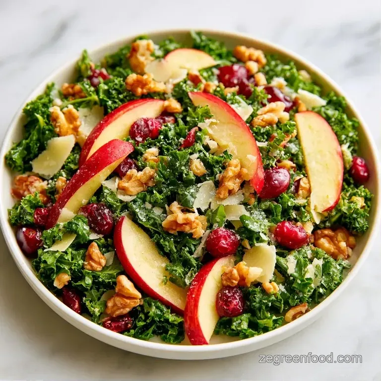Vibrant green kale and sliced red apples arranged in a white ceramic bowl, topped with toasted walnuts and feta.