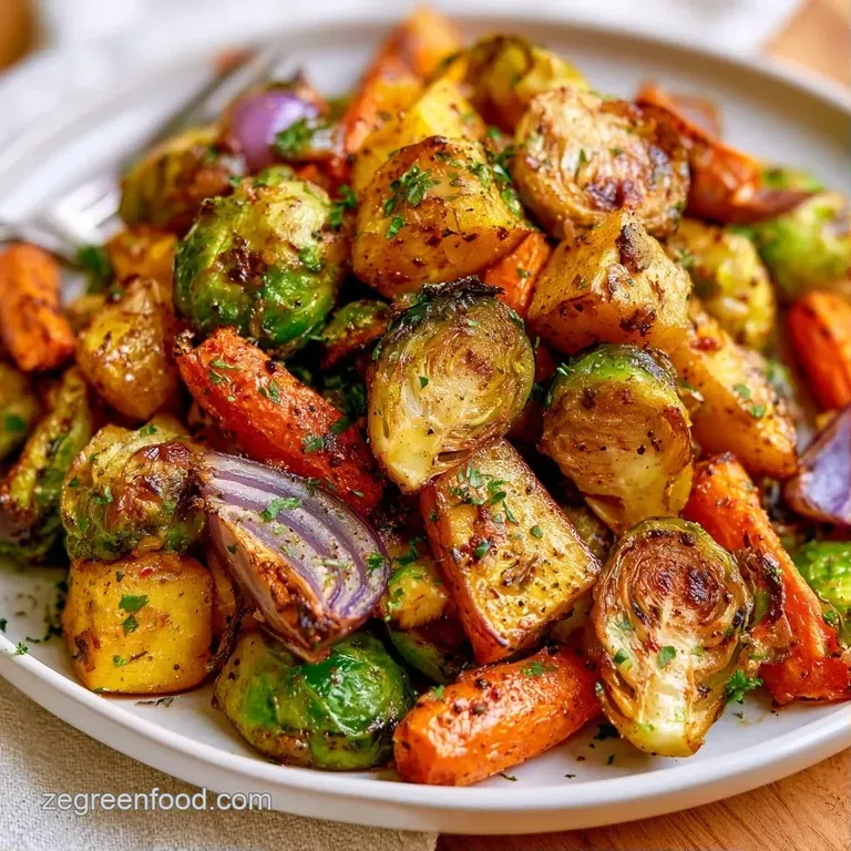 Glazed orange carrots and charred Brussels sprouts neatly arranged on a slate platter with a sprinkle of herbs.
