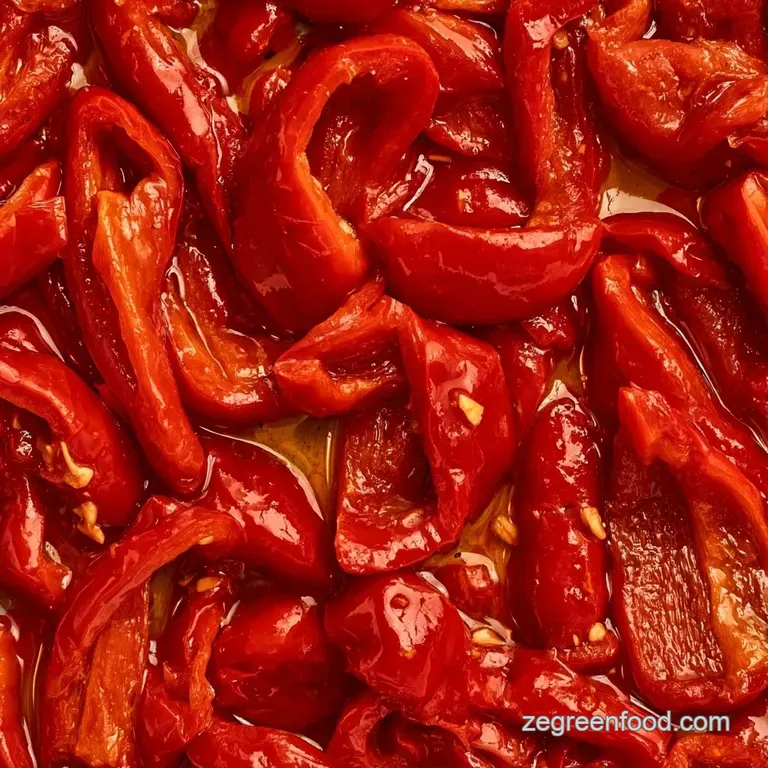 Elegant arrangement of red and yellow pepper strips in shimmering oil served on a slate platter with fresh herbs.