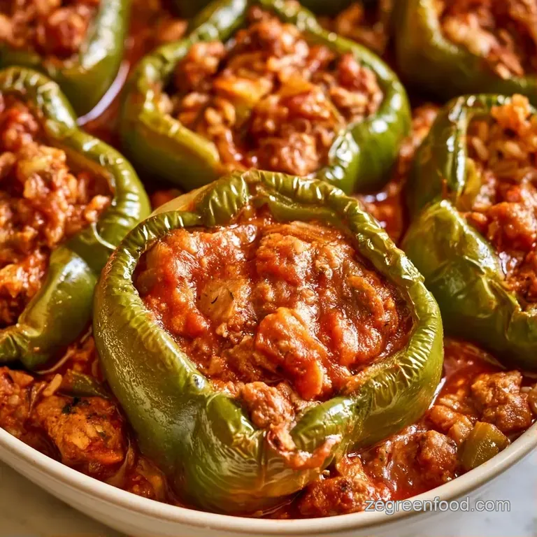 Four vibrant green peppers filled with savory meat and rice, resting in a pool of rich, red tomato sauce.