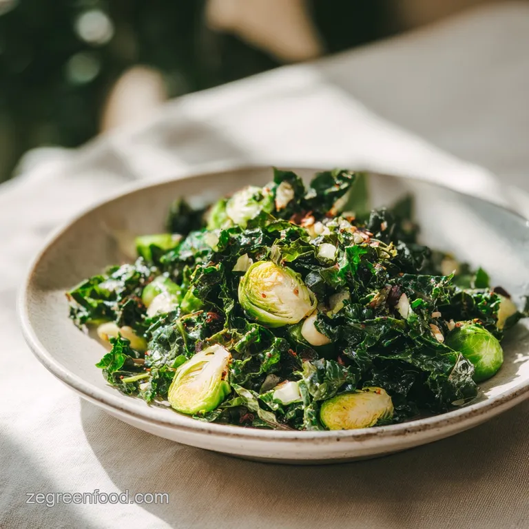 A mound of vibrant green kale salad is plated artfully with a bright citrus vinaigrette. Toasted pecans are scattered around.