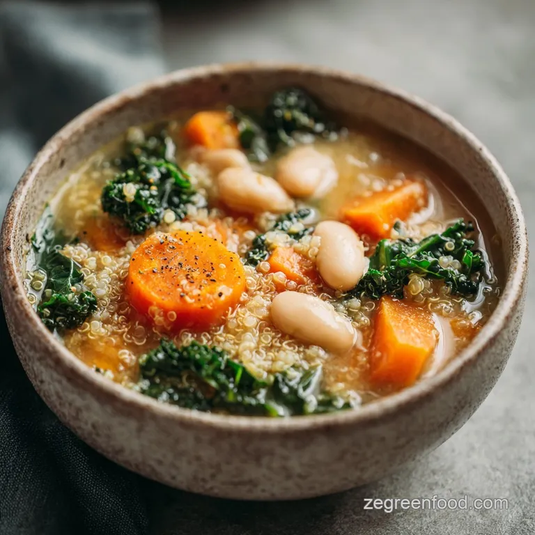 Creamy pale soup in a matte gray bowl topped with a golden olive oil swirl and a sprig of fresh, curly green kale.