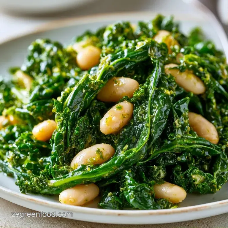 Vibrant green kale and ivory white beans served in a rustic ceramic bowl, garnished with red pepper flakes.