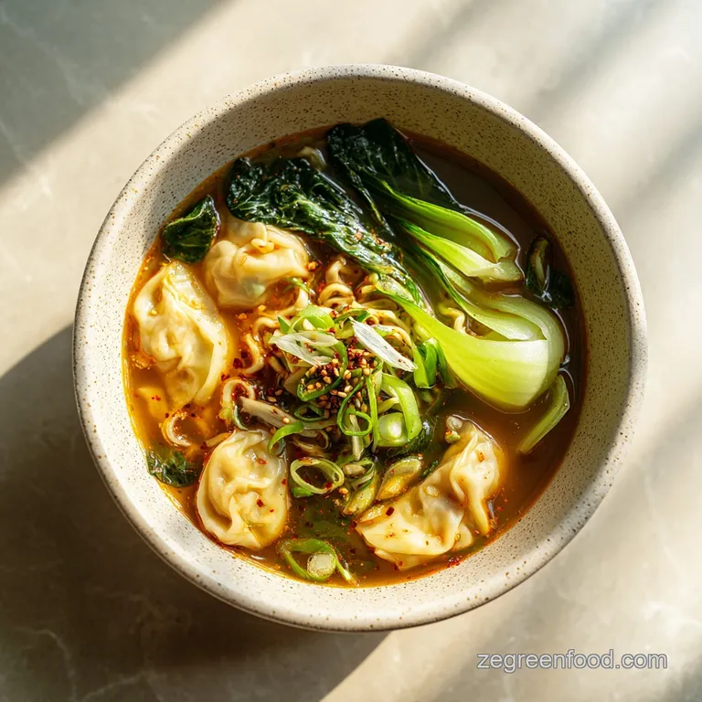 Steaming bowl of kimchi dumpling soup, artfully arranged with scallions and chili threads. Droplets of broth cling to the ...