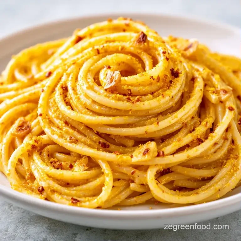 A swirl of creamy pasta garnished with microgreens and red pepper flakes on a minimalist white porcelain plate.