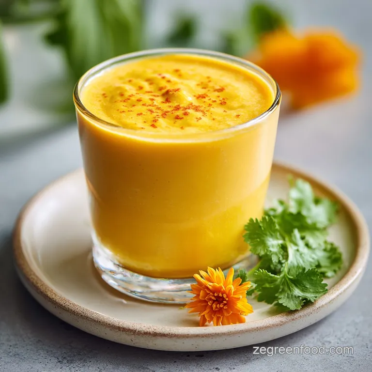 Tall glass filled with a creamy, golden smoothie. Garnished with a mango slice, coconut flakes, and turmeric powder dusting.