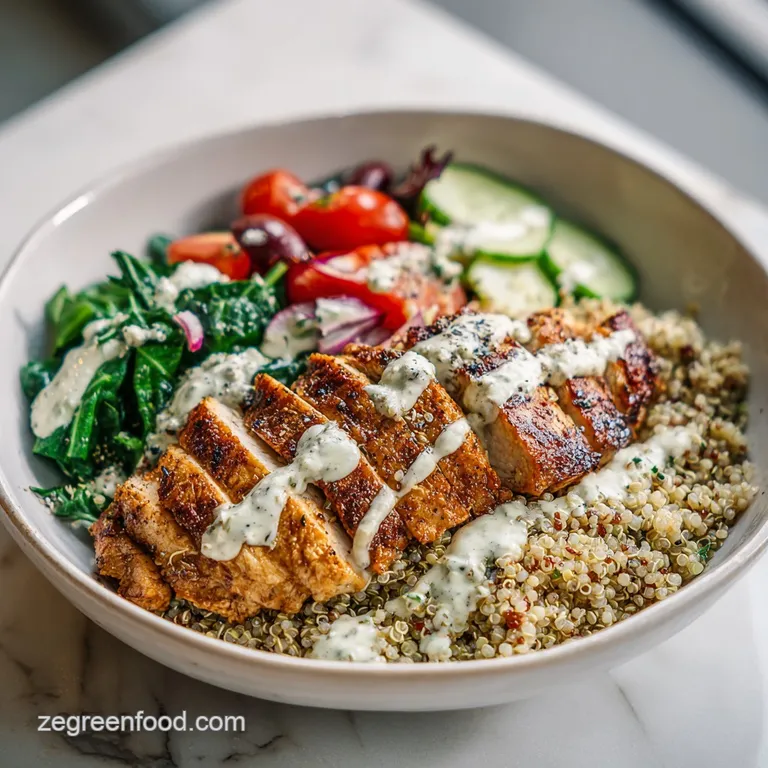 A vibrant Mediterranean quinoa bowl, artfully arranged. Feta crumbles, juicy tomatoes, and herbs add freshness and visual ...