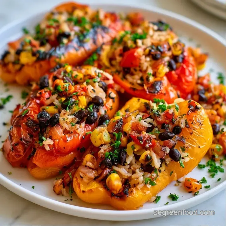 Vibrant red and yellow bell peppers on a ceramic plate, garnished with creamy sauce and a sprig of fresh cilantro.