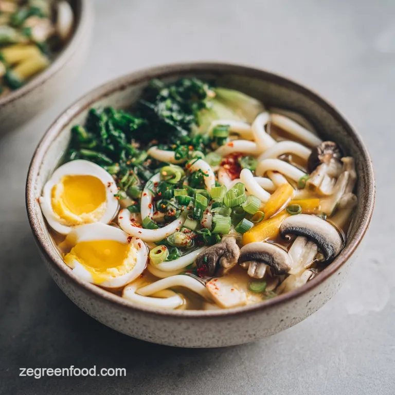 Glossy udon noodles glistening in rich, dark broth, artfully arranged with scallions and tofu in a deep blue bowl with a s...