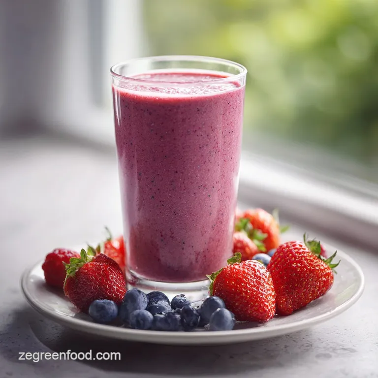 Tall glass of berry smoothie beside a scattering of colorful berries, hinting at a refreshing and healthy treat.