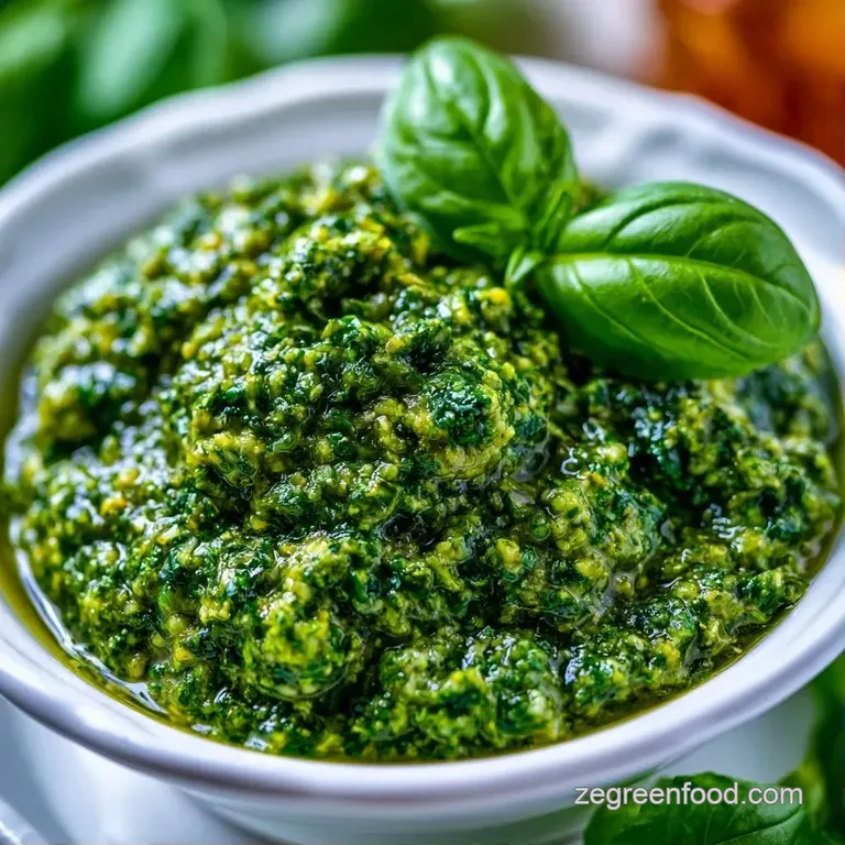 Vibrant green herbed sauce swirled elegantly on a white plate, topped with a fresh basil leaf and a sprinkle of cheese.