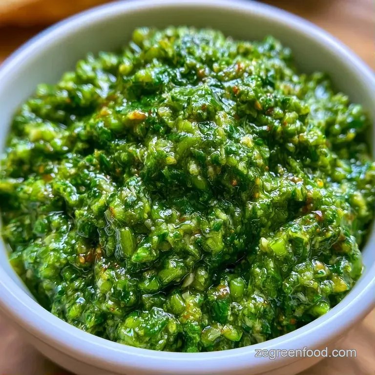 Vibrant green herb paste swirled artistically on a white ceramic plate with toasted nuts and cracked pepper.