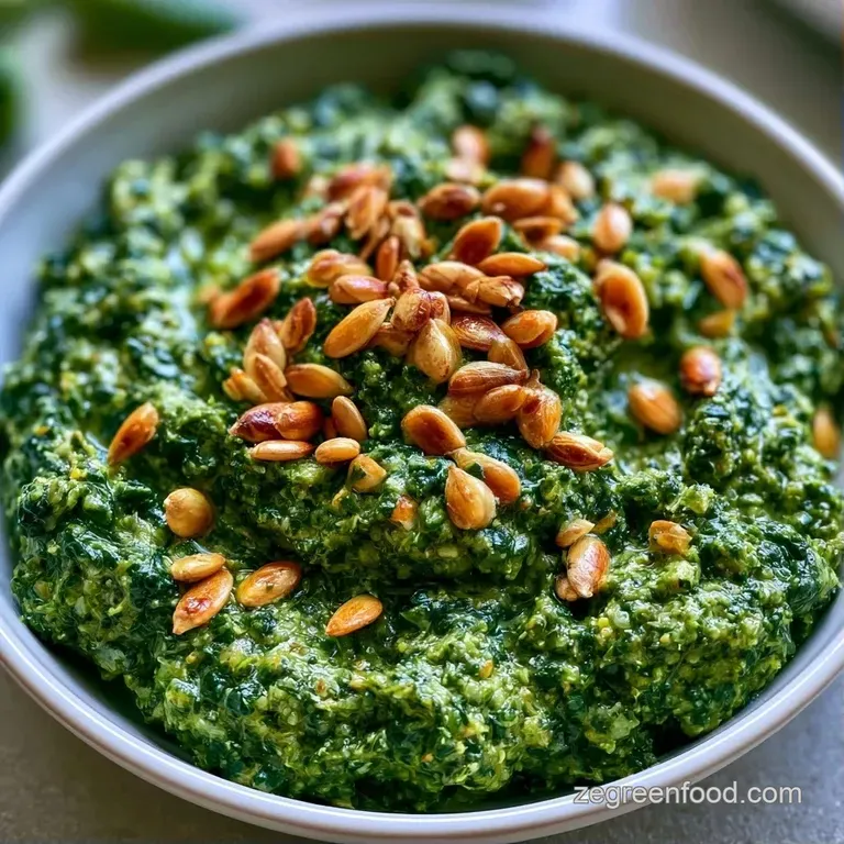 Swirl of vivid green sauce on a white plate, topped with toasted seeds and microgreens for a refined look.