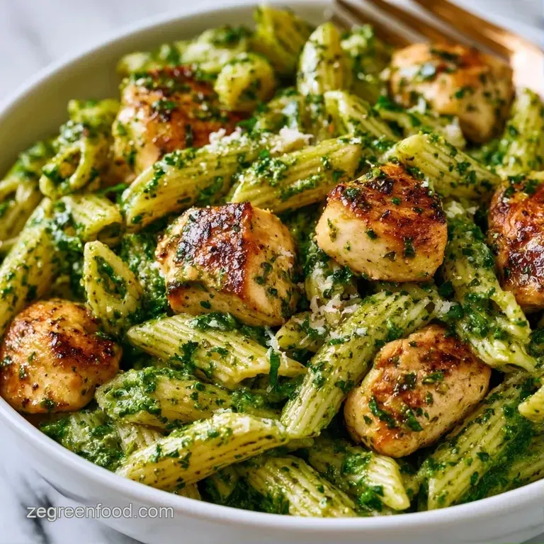 A white ceramic bowl filled with emerald green pasta and grilled chicken, topped with parmesan shavings and basil.