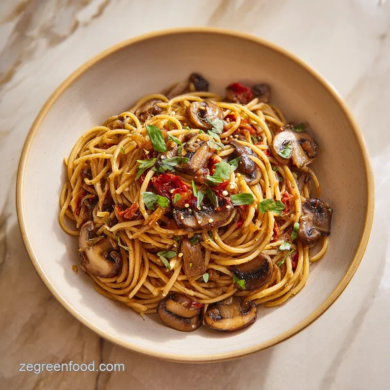 Swirls of vegan mushroom pasta elegantly plated. Topped with herbs, cracked pepper, and a drizzle of olive oil for a resta...