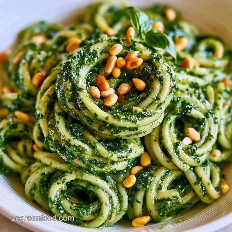 Swirls of green pasta topped with a sprig of fresh basil and halved cherry tomatoes on a matte ceramic plate.