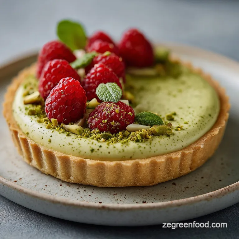 A slice of pistachio matcha tart sits elegantly on a white plate, adorned with fresh mint.