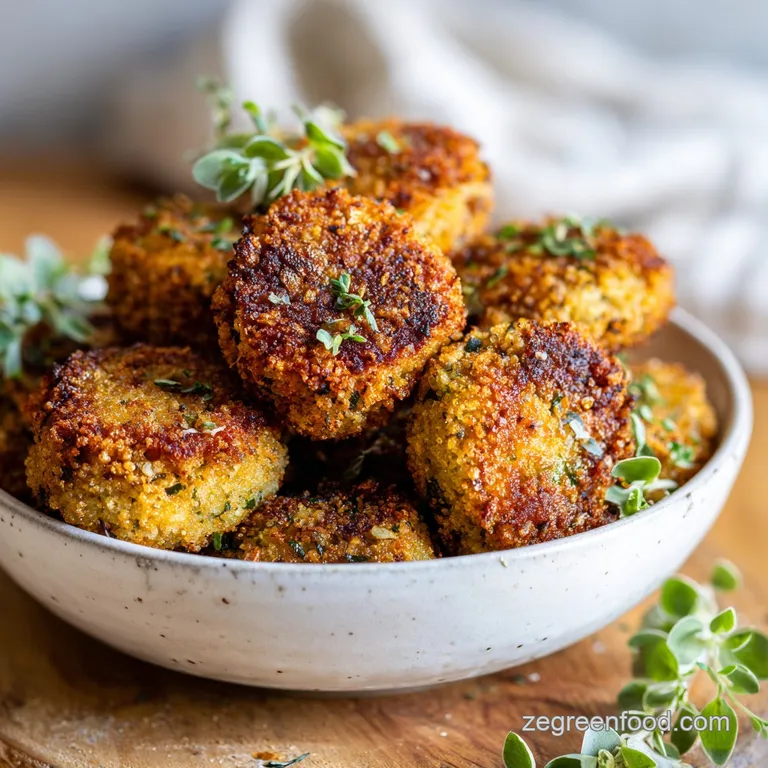 Golden croquettes artfully arranged on a slate platter, drizzled with a vibrant green sauce.