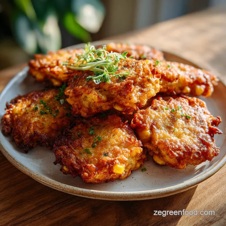 Stack of golden-brown fritters drizzled with creamy sauce and fresh cilantro, creating an elegant and appetizing tower.