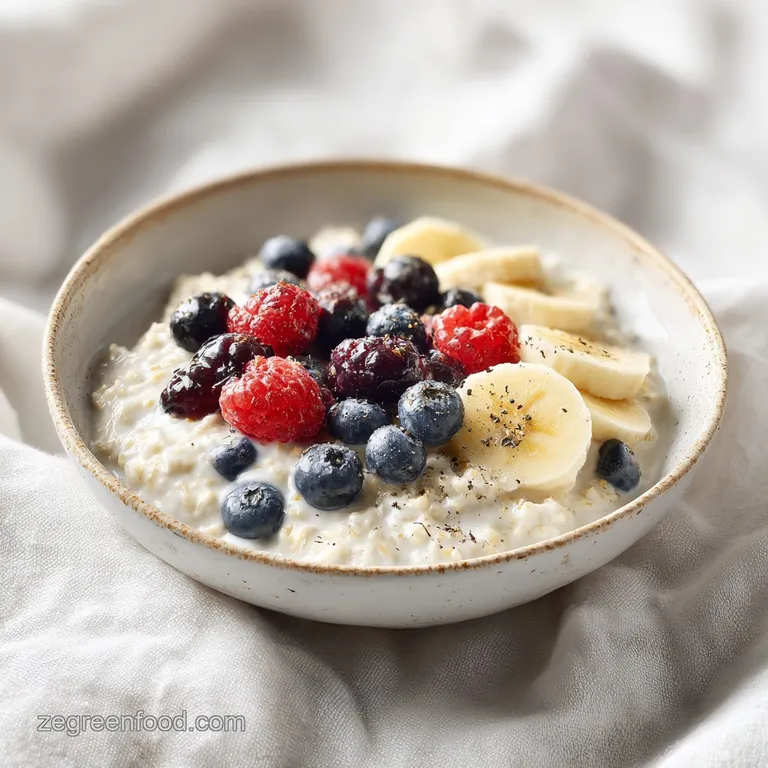 Creamy overnight oats in a clear glass topped with glistening mixed berries and crunchy granola on a white plate.