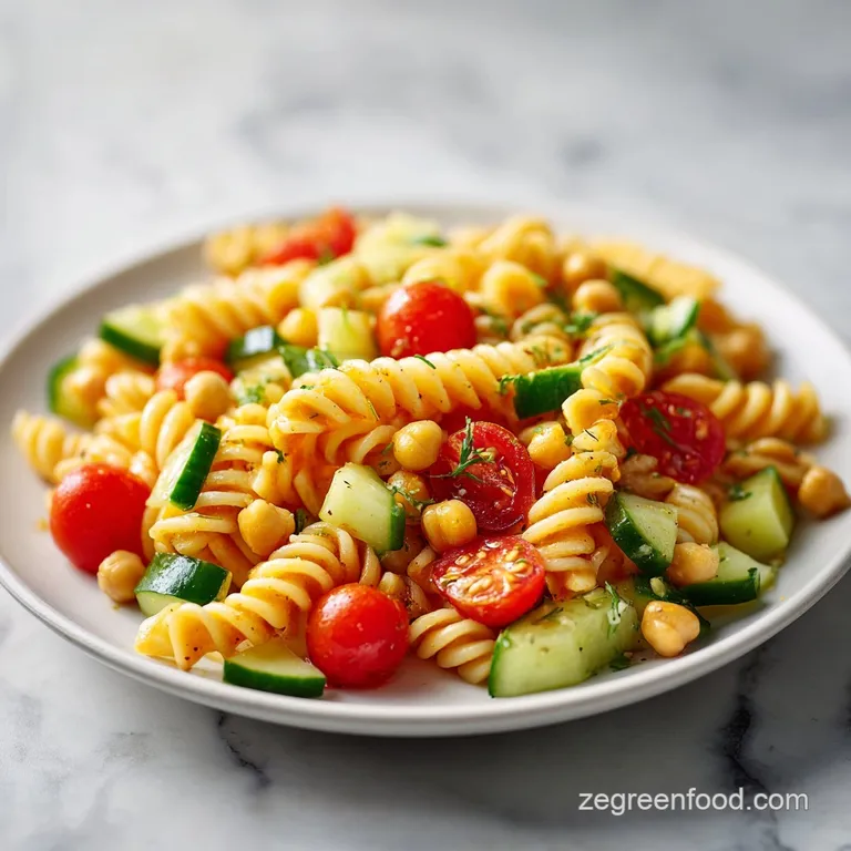 Neatly plated pasta salad with vibrant cherry tomatoes and sliced olives, garnished with a sprig of fresh parsley.