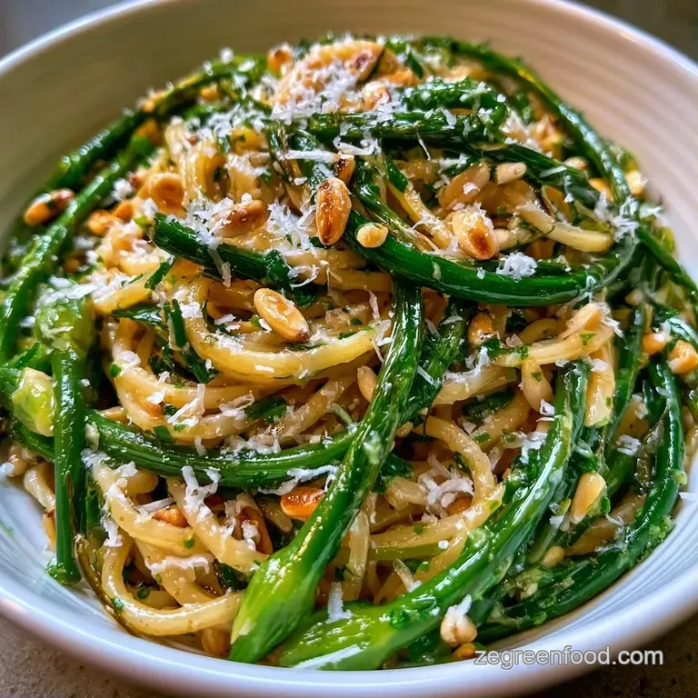 Twirled pasta nest topped with curled bright green garlic scapes and shaved parmesan on a matte ceramic plate.