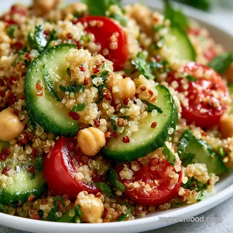 Vibrant quinoa tossed with crisp cucumbers and red peppers, plated elegantly with a sprig of fresh flat-leaf parsley.