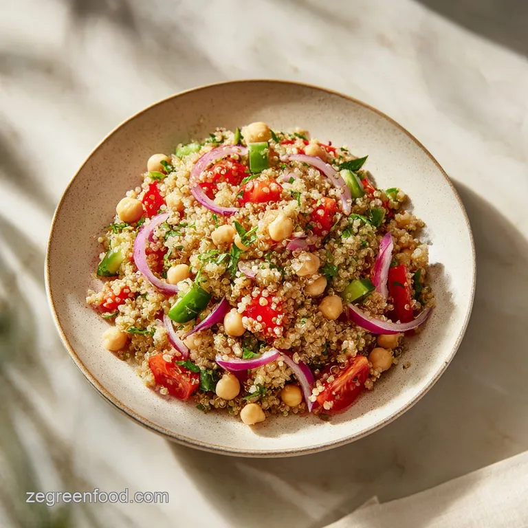 A colorful salad artfully arranged in a white bowl, glistening with herbaceous dressing.