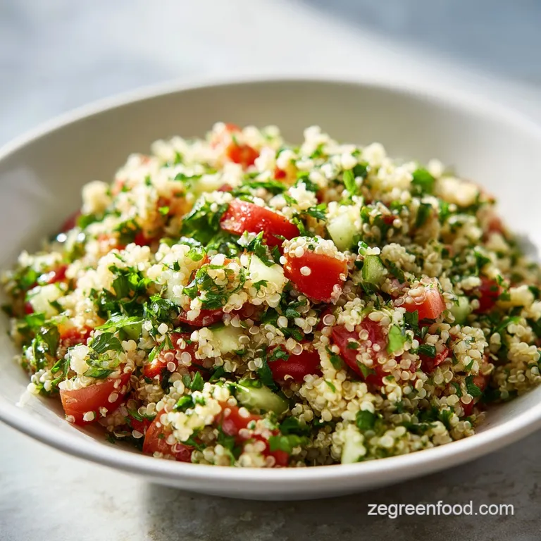 A refreshing scoop of herb-flecked quinoa tabbouleh served in a white bowl, garnished with lemon wedges.