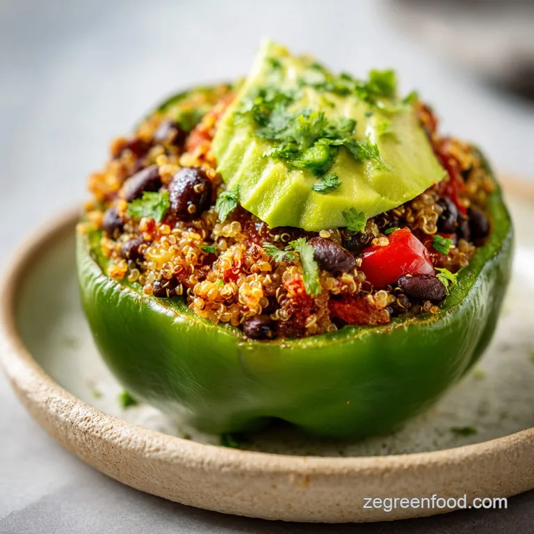 A colorful stuffed pepper half reveals its fluffy quinoa interior, drizzled with a creamy sauce against a dark plate.