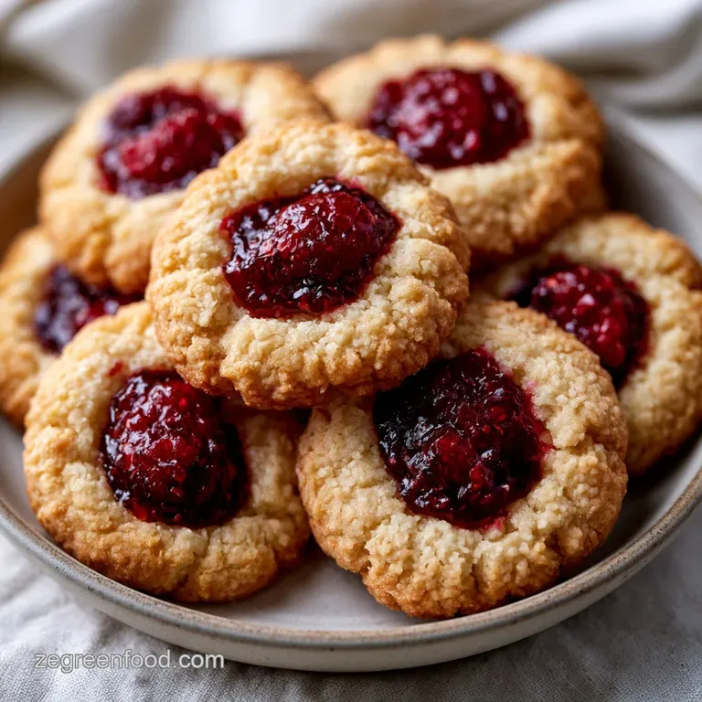 Golden butter cookies topped with vibrant red jam arranged on a marble slab with a dusting of powdered sugar.