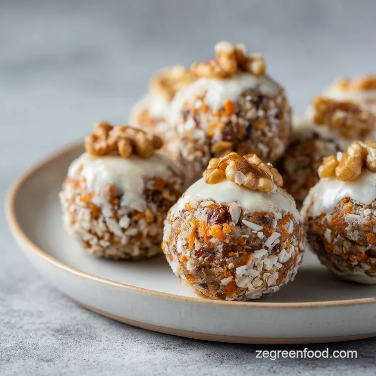 Elegant white plate showcasing three moist, speckled carrot cake energy bites, artfully arranged.