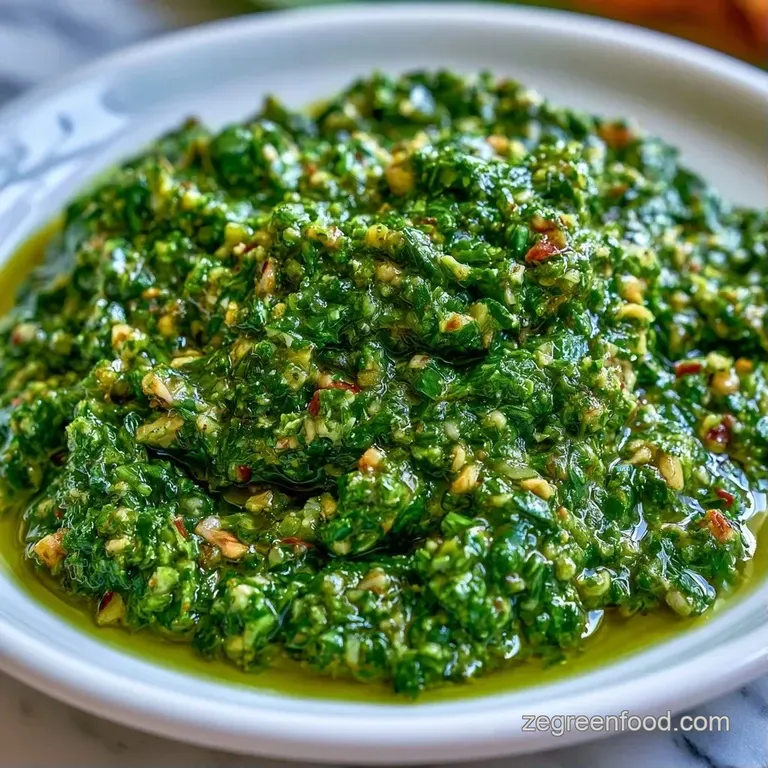 Bright green herb sauce swirled over al dente pasta, topped with toasted pine nuts and fresh basil leaves.