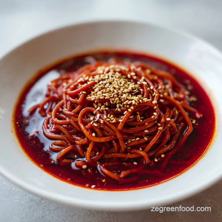 A modern black bowl of vibrant orange noodles garnished with toasted sesame seeds and thin slivers of scallion.