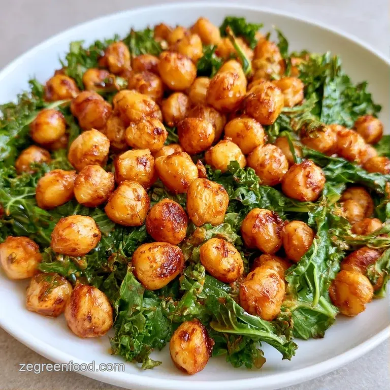 Crisp kale leaves and plump chickpeas arranged on a ceramic plate, finished with a swirl of ivory tahini sauce.
