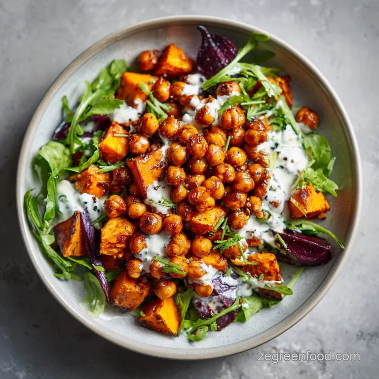 A beautifully plated bowl featuring golden sweet potato cubes, crisp chickpeas, and vibrant greens with a drizzled sauce.