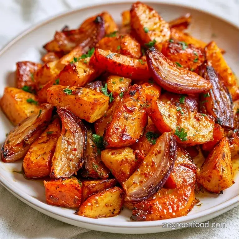 A vibrant medley of orange and purple roasted roots arranged on a white ceramic plate with a sprig of thyme