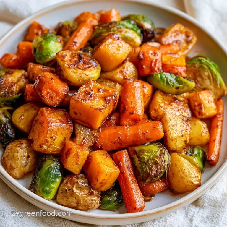 A white ceramic platter piled high with vibrant orange squash, purple onions, and deep green roasted sprouts.