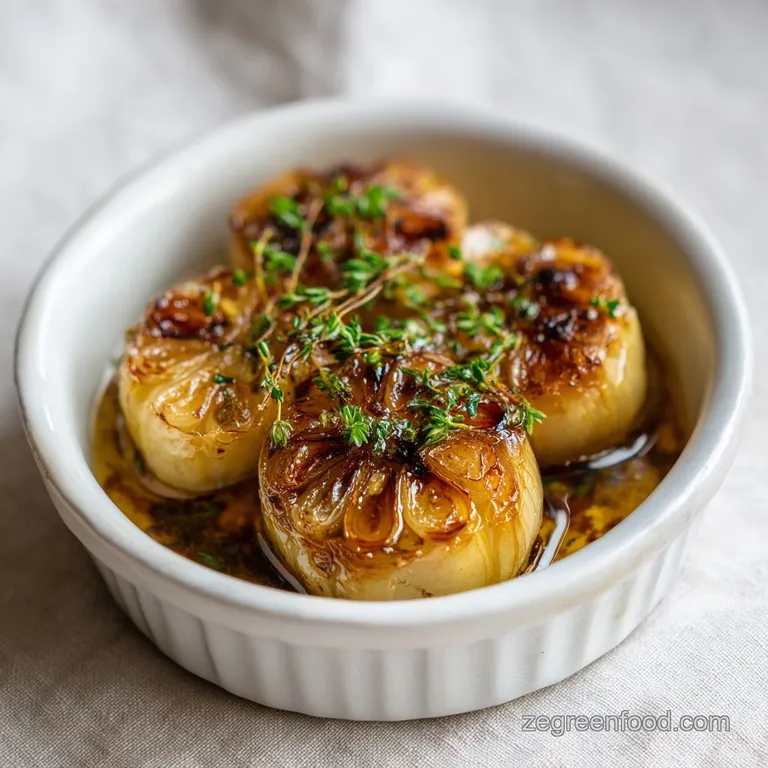 A small ceramic dish overflowing with shimmering, soft roasted garlic cloves, glistening and inviting.