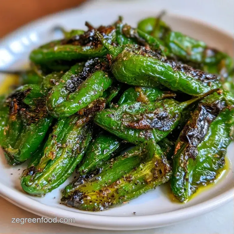 Charred green pepper strips arranged on a white ceramic platter, drizzled with oil and sprinkled with sea salt.