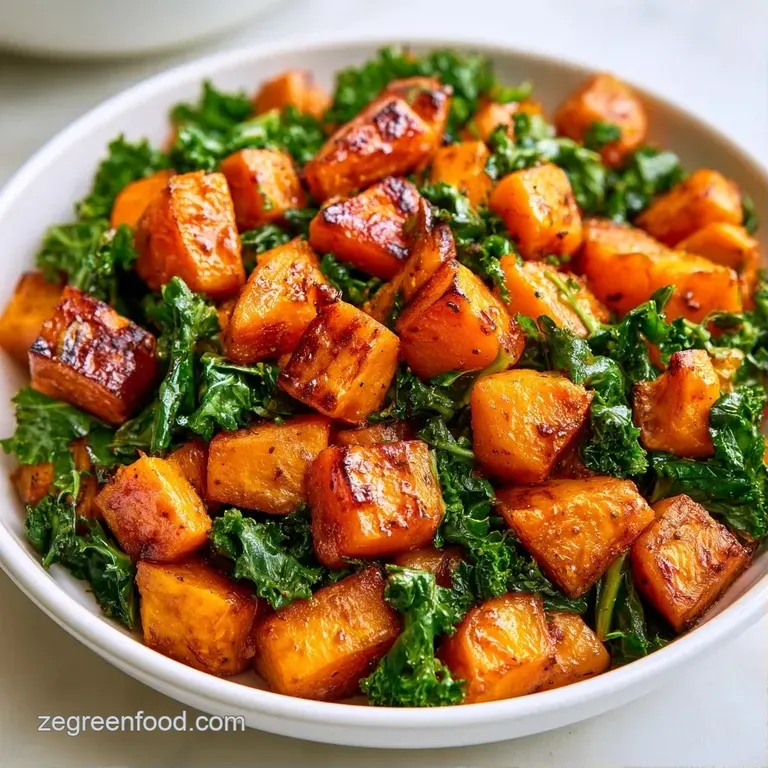 Vibrant orange squash and deep green kale artfully arranged on a matte grey plate with crumbled white goat cheese.