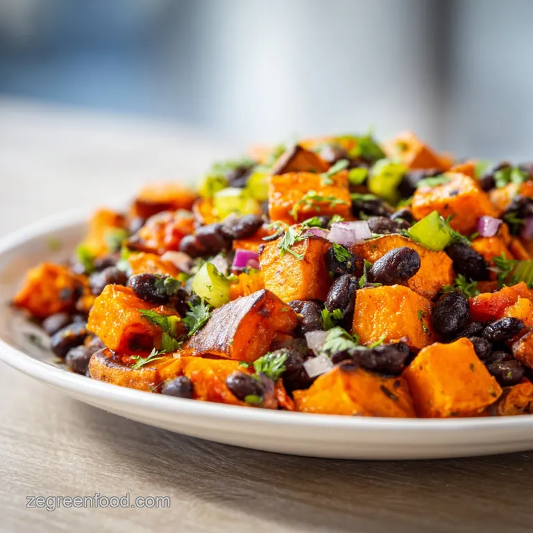 Elegantly plated salad of roasted sweet potatoes, black beans, and greens, drizzled with creamy dressing and sprinkled wit...