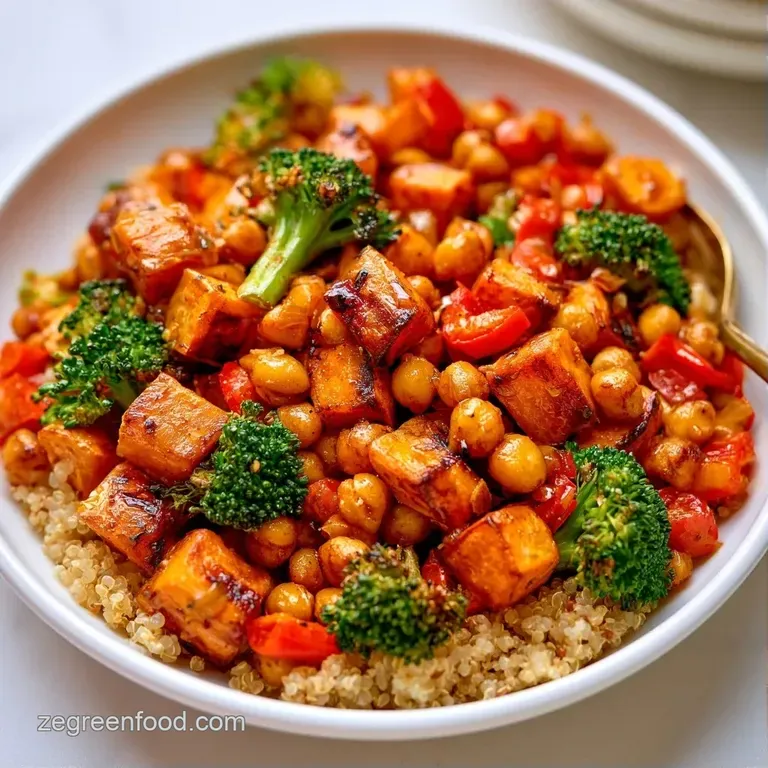 A curated pile of fluffy quinoa topped with caramelized root vegetables on a minimalist white porcelain plate.