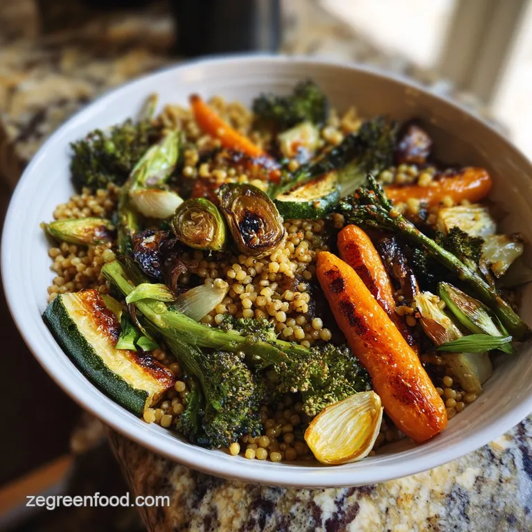 Roasted vegetables artfully arranged over a bed of grains, showing vibrant colors, fresh herbs, and a creamy sauce drizzle.
